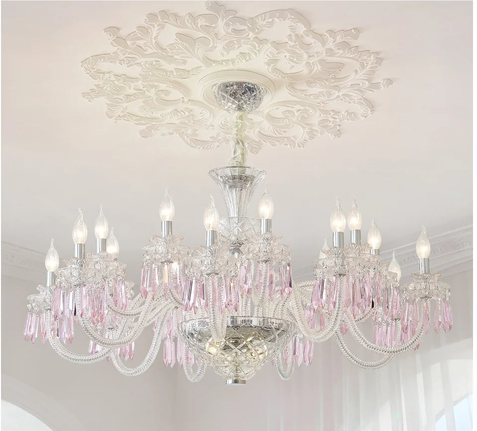 Romantic Crysatl Candle Chandelier Luxury Glass Pink Decora E14 Pendant Lights D68cm H52cm Art Decor Led Lamparas Bedroom Lamp