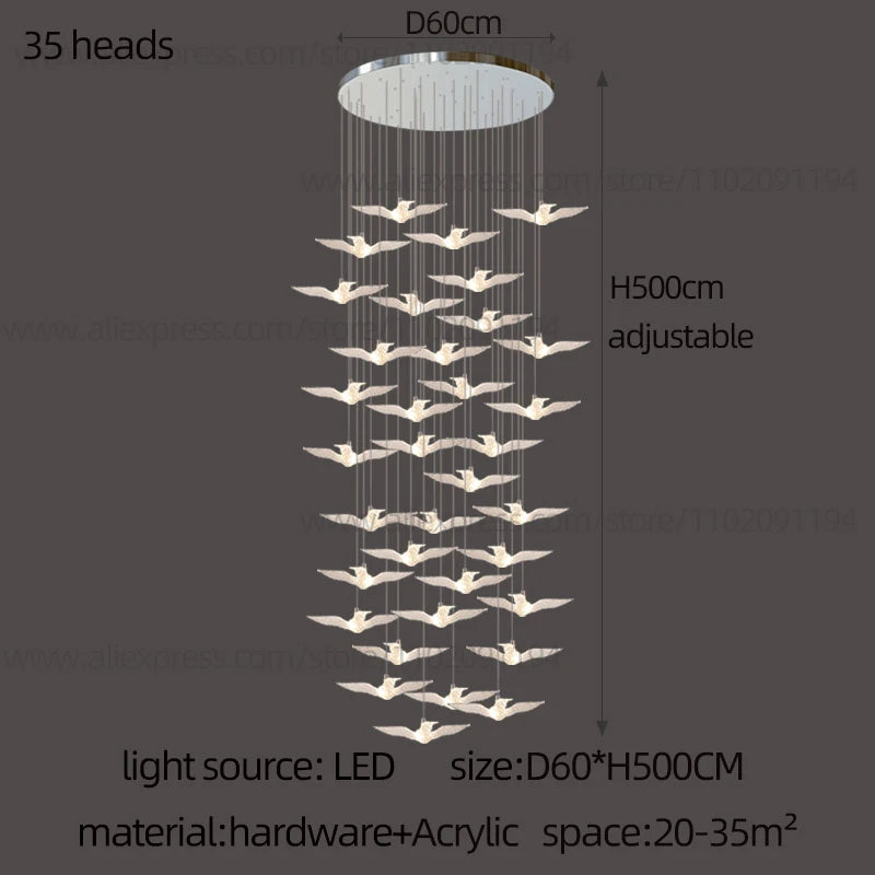 Delphine Swallow Bird LED Staircase Pendant Chandelier