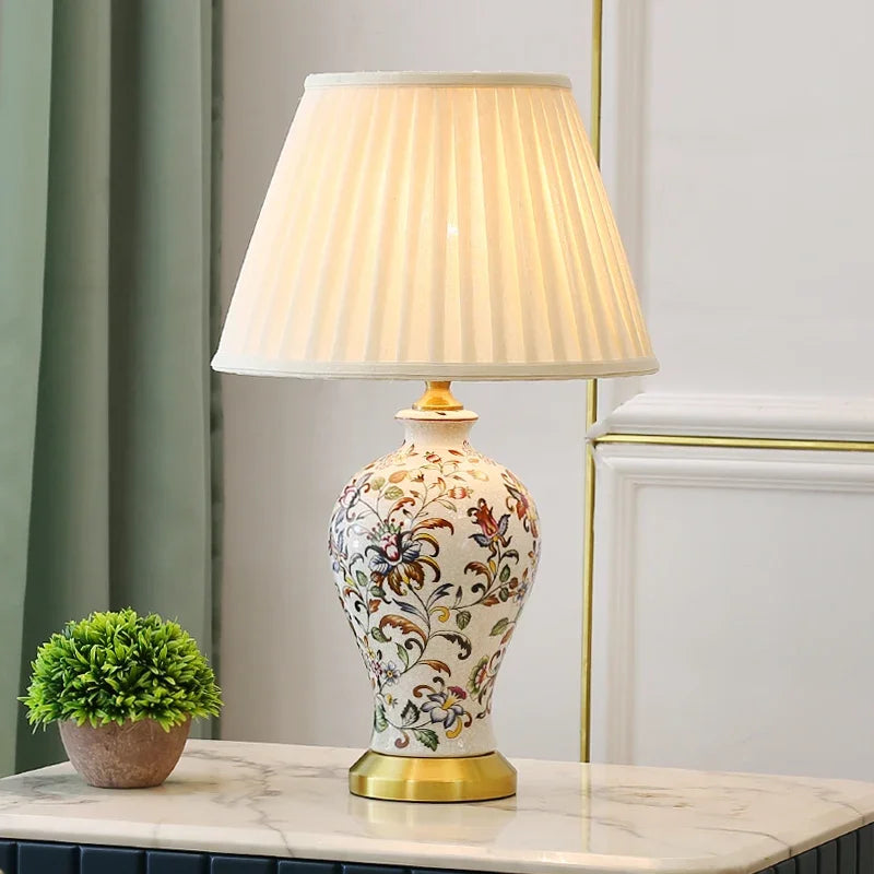 Retro Painted Ceramic LED Floor Lamp with Pleated Fabric Shade