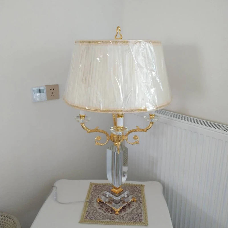 Luxus Kristall LED Tischlampe mit Stoffschirm für Schlafzimmer und Wohnzimmer