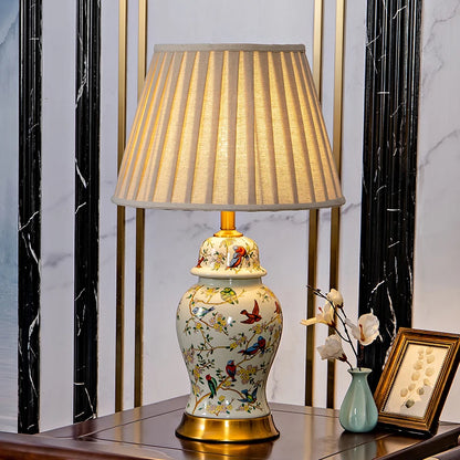 Floral Bird Ceramic Table Lamp with Fabric Shade for Bedroom Study