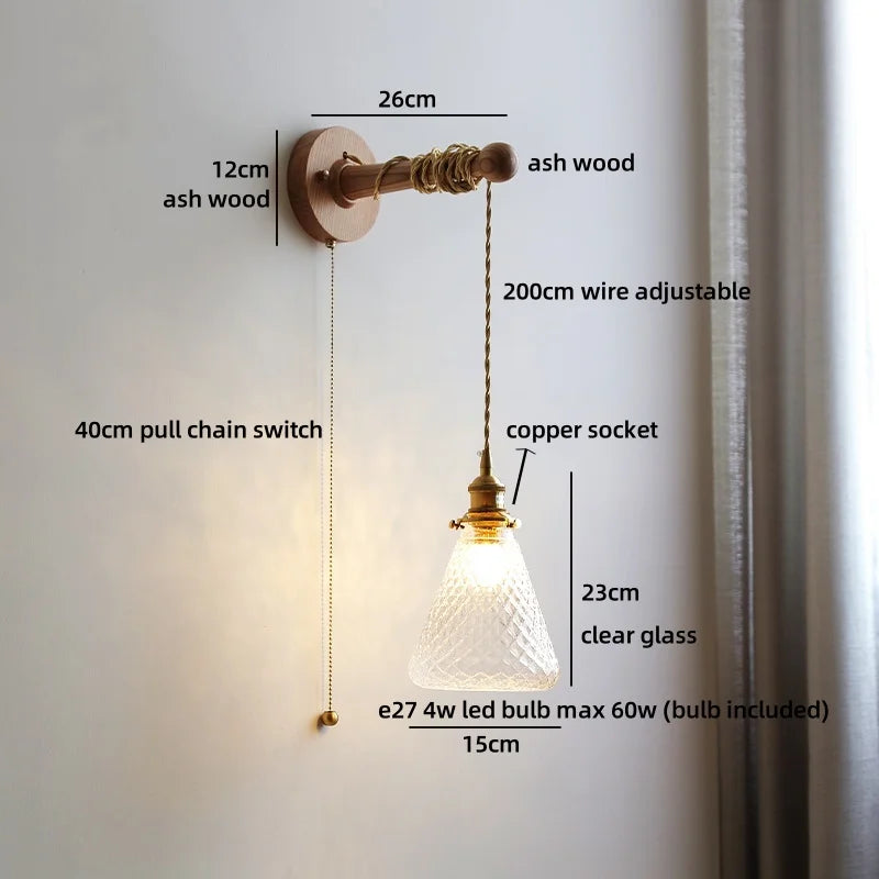 Madeleine Vintage Brass Wall Lamp with Ash Wood Base