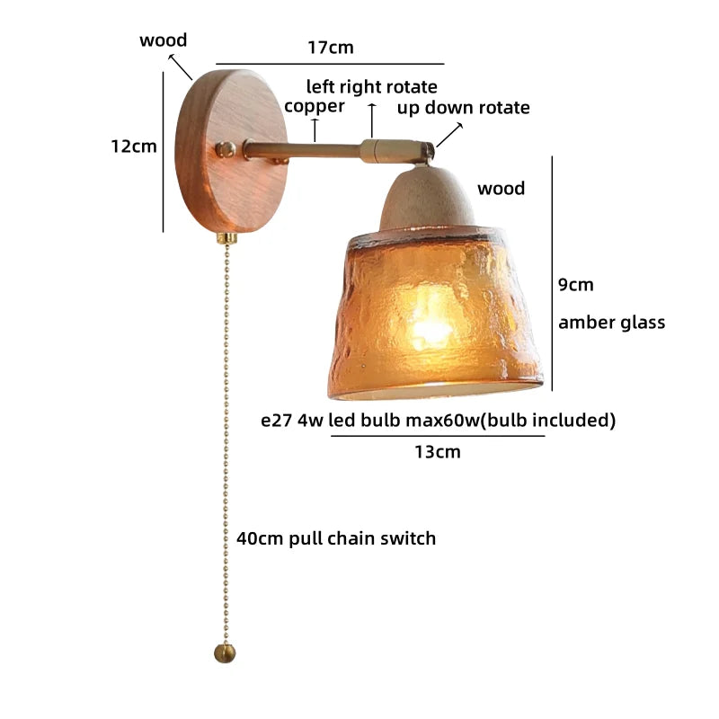 Lucienne Bernsteinglas Holz Wandleuchte