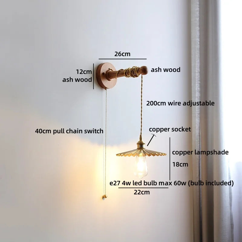 Madeleine Vintage Brass Wall Lamp with Ash Wood Base
