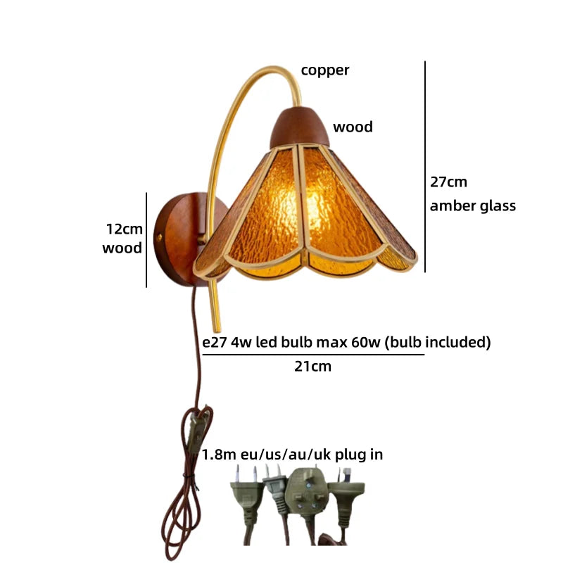 Amélie Nordic Glass Wood LED Wall Lamp Antique Brass