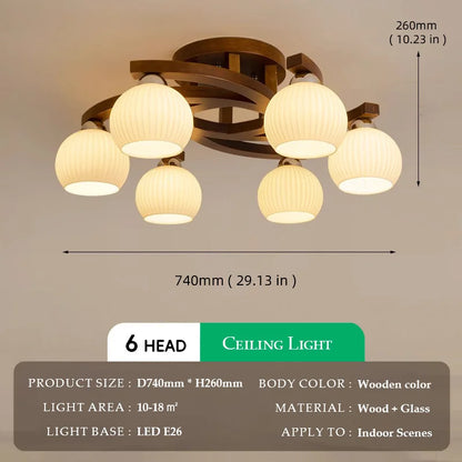 Camille Walnut Glass Globe LED Ceiling Light Wabi Sabi Style