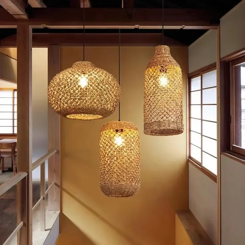 Elise Japanische Rattan-Pendelleuchte E27 Geflochtener LED-Kronleuchter Beige