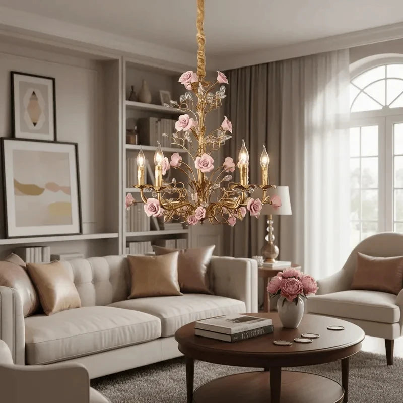Chloé French Rose Gold Keramik-Blumen-Pendelleuchte mit 5 Leuchten