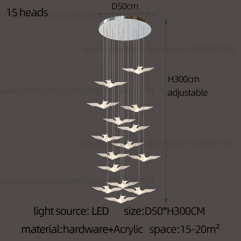 Delphine Swallow Bird LED Staircase Pendant Chandelier