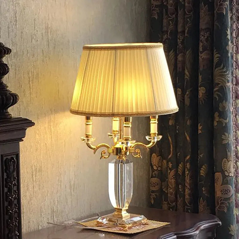 Luxus Kristall LED Tischlampe mit Stoffschirm für Schlafzimmer und Wohnzimmer