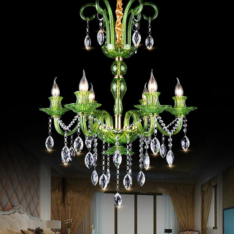 Moderner Luxus-Grünkristall-Kronleuchter im Wellen-Lotusblatt-Design LED-Pendelleuchte für Schlafzimmer, Hotellobby, Korridor und Restaurant