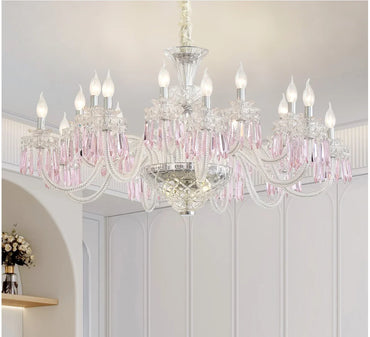 Romantischer Kristallkerzen-Kronleuchter, Luxusglas, Rosa, Dekoration, E14-Pendelleuchten, D68cm H52cm, Kunstdekor, LED-Lampen, Schlafzimmerlampe