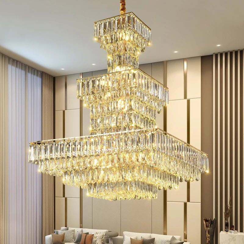 Lange hohle Kristalltreppen-Pendelleuchte für Duplex-Flur