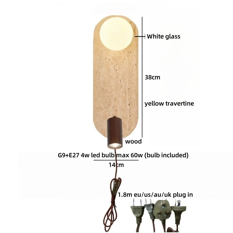 Sophie Gelb Travertin Holz LED Wandleuchte Wabi Sabi