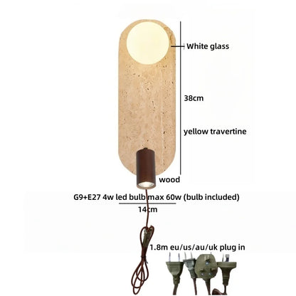 Sophie Gelb Travertin Holz LED Wandleuchte Wabi Sabi