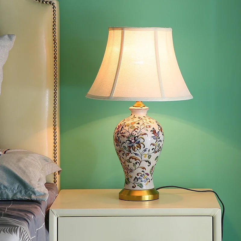 Retro Painted Ceramic LED Floor Lamp with Pleated Fabric Shade