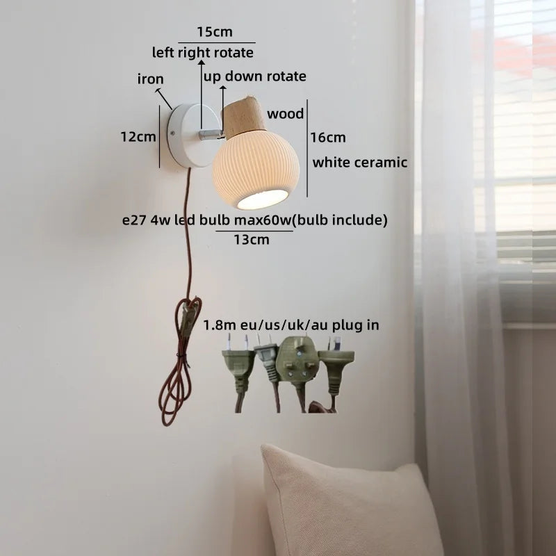 Camille White Ceramic LED Wall Lamp Switch E27 Nordic