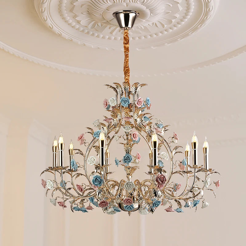 Camille Europäischer Blumen-Keramik-Rosen-LED-Kronleuchter Modern Art Deco
