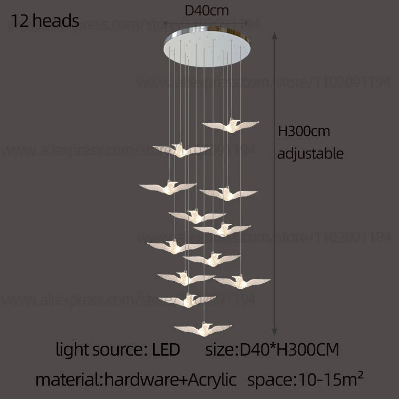 Delphine Swallow Bird LED Staircase Pendant Chandelier