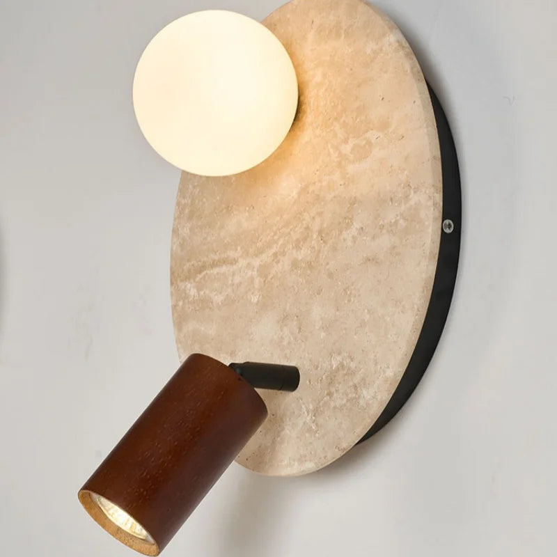 Sophie Gelb Travertin Holz LED Wandleuchte Wabi Sabi