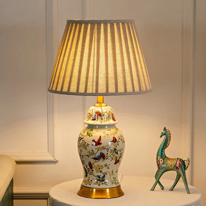 Floral Bird Ceramic Table Lamp with Fabric Shade for Bedroom Study