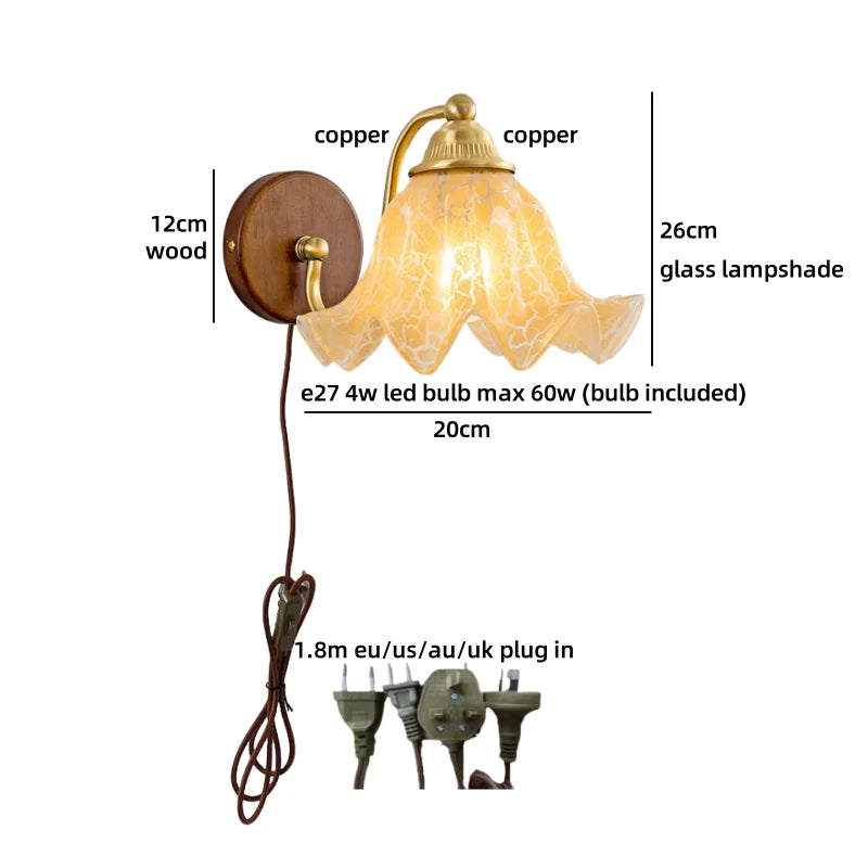 Amélie Nordic Glass Wood LED Wall Lamp Antique Brass