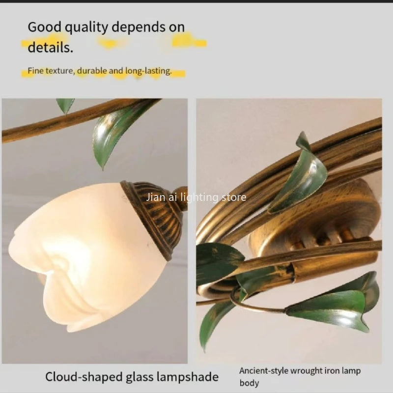 Éliane Nordic Flower Glass Iron Ceiling Light Retro Gold Fixture
