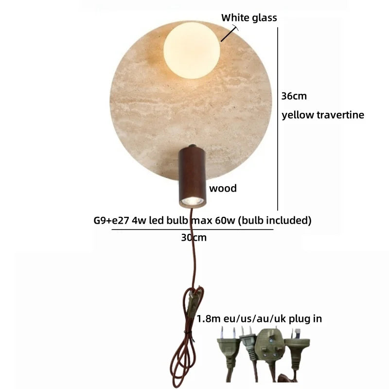 Sophie Gelb Travertin Holz LED Wandleuchte Wabi Sabi