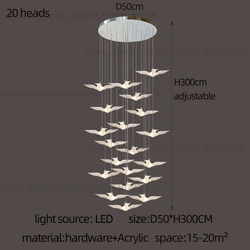 Delphine Swallow Bird LED Staircase Pendant Chandelier