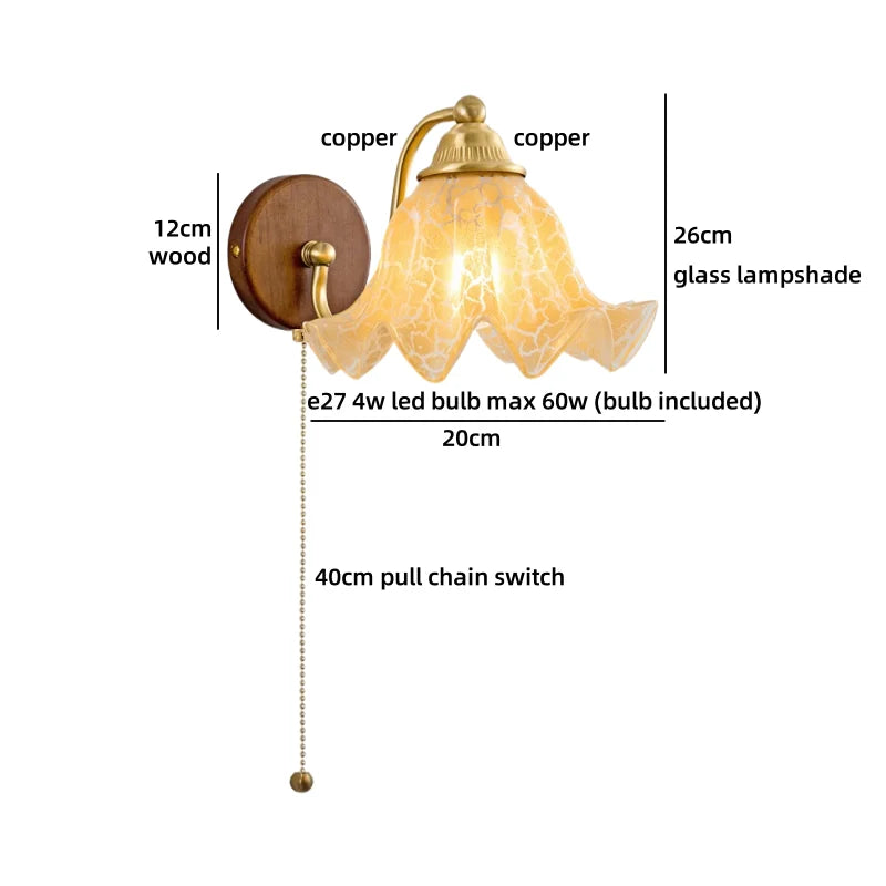 Amélie Nordic Glass Wood LED Wall Lamp Antique Brass