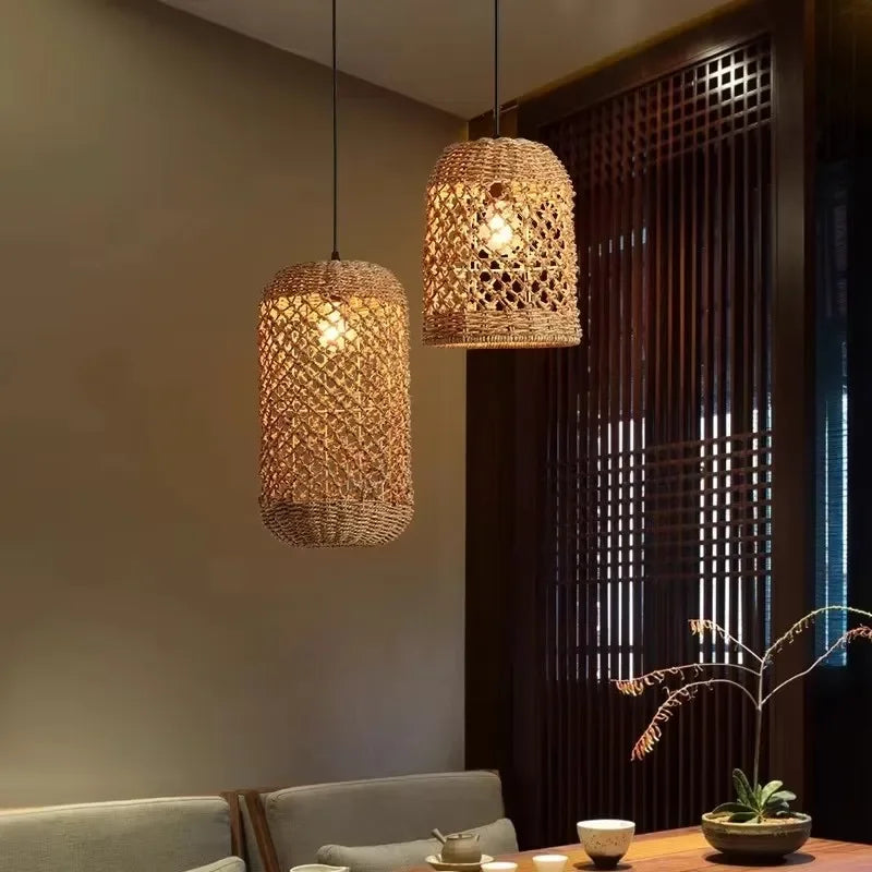 Elise Japanische Rattan-Pendelleuchte E27 Geflochtener LED-Kronleuchter Beige