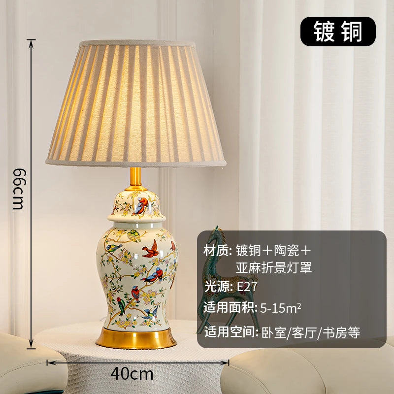 Floral Bird Ceramic Table Lamp with Fabric Shade for Bedroom Study