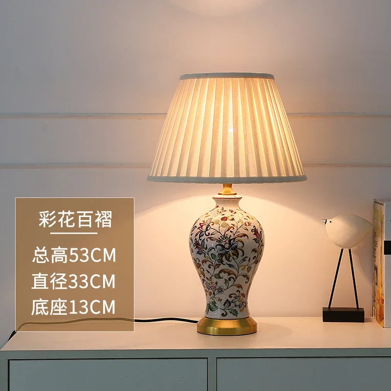 Retro Painted Ceramic LED Floor Lamp with Pleated Fabric Shade