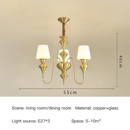 Classic Copper Ceiling Chandelier with Frosted Glass Shades for Living Room