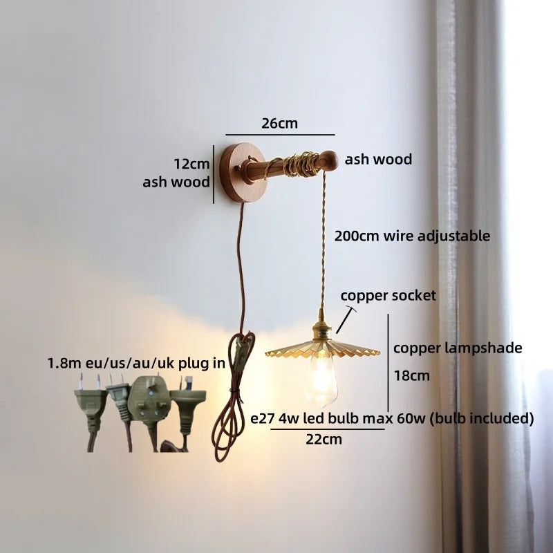 Madeleine Vintage Brass Wall Lamp with Ash Wood Base