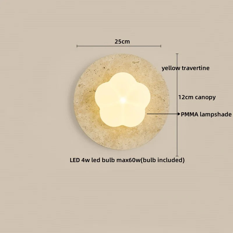 Sophie Gelb Travertin Holz LED Wandleuchte Wabi Sabi