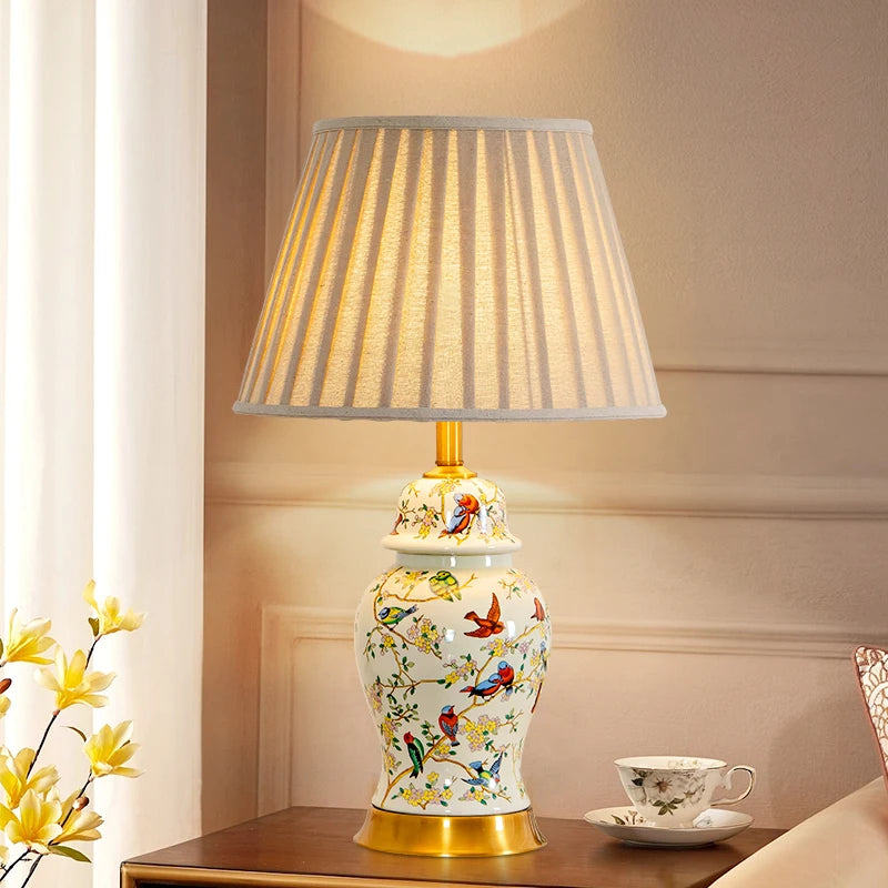 Floral Bird Ceramic Table Lamp with Fabric Shade for Bedroom Study