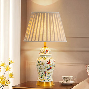 Floral Bird Ceramic Table Lamp with Fabric Shade for Bedroom Study