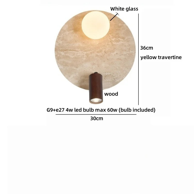 Sophie Gelb Travertin Holz LED Wandleuchte Wabi Sabi