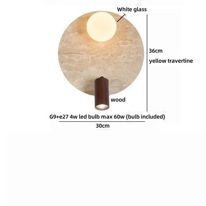Sophie Gelb Travertin Holz LED Wandleuchte Wabi Sabi
