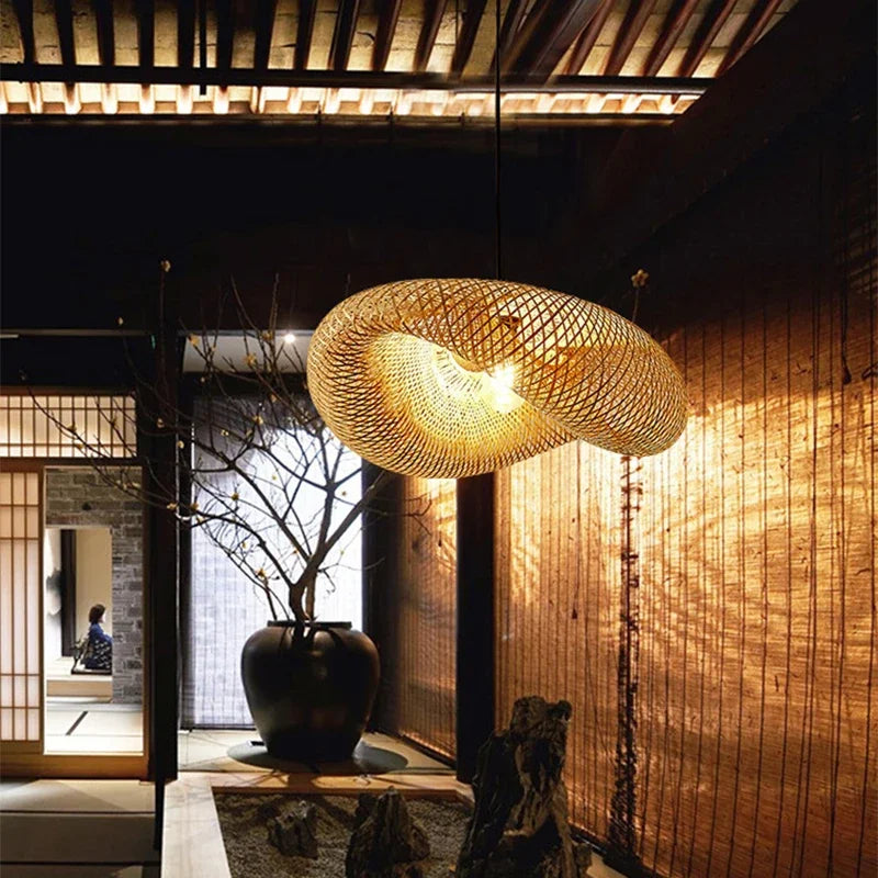 Élise Bambus handgestrickte Pendelleuchte E27 Japanischer Stil Lampe