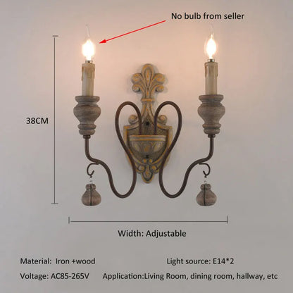 Sophie French Country Wood Iron Wall Lamp E14 Vintage Sconce