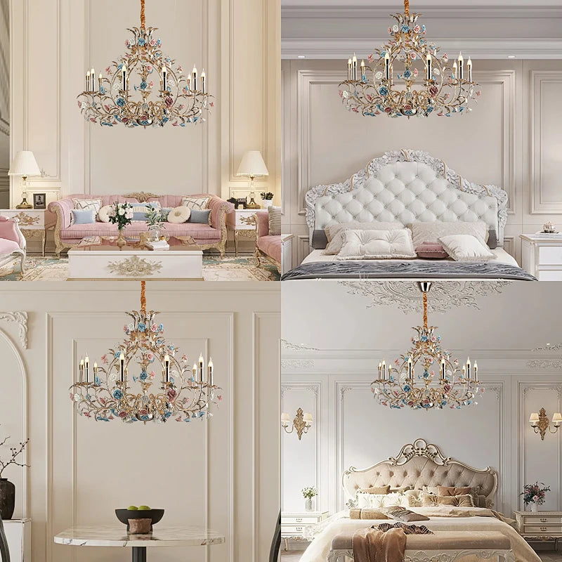 Camille Europäischer Blumen-Keramik-Rosen-LED-Kronleuchter Modern Art Deco
