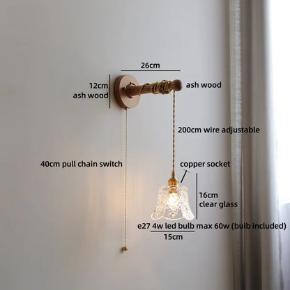 Madeleine Vintage Brass Wall Lamp with Ash Wood Base