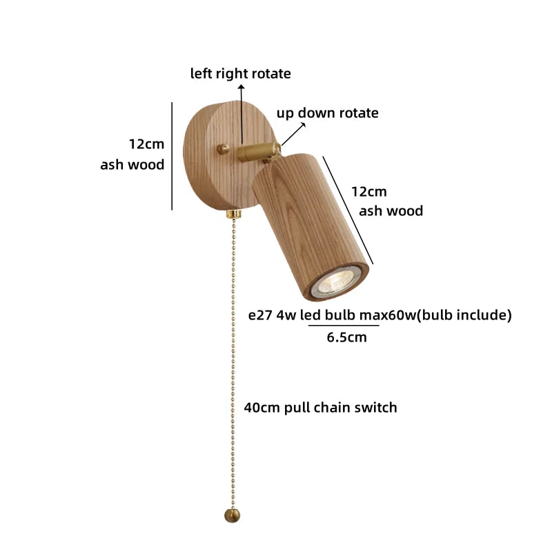 Élise Nordic Ash Wood LED Wall Lamp Pull Chain E27