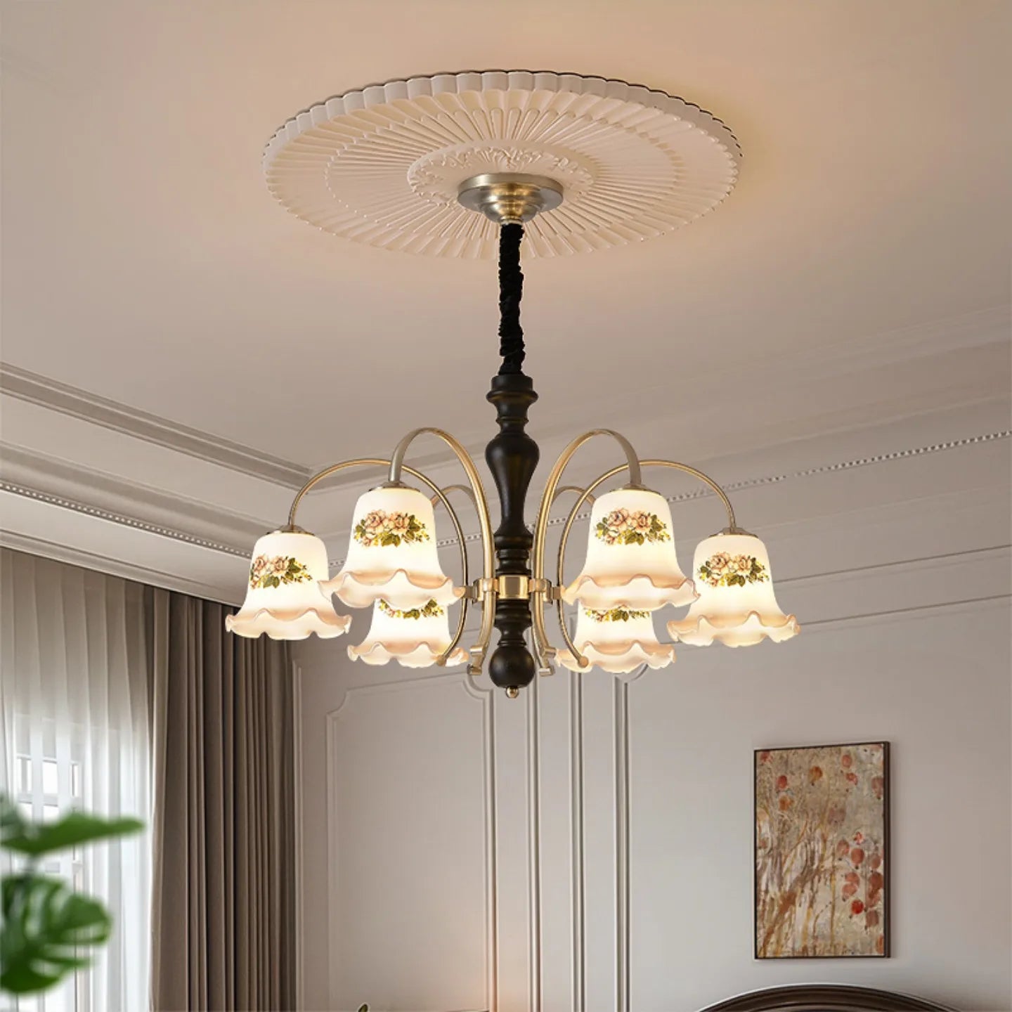 Camille Französisch Creme Holz Luxus Ketten-Pendelleuchte