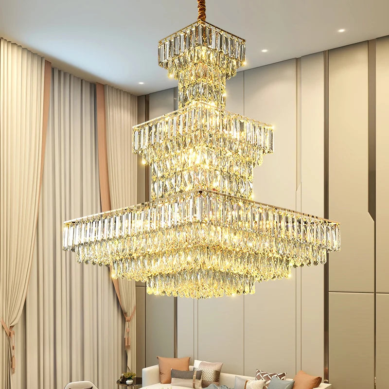 Lange hohle Kristalltreppen-Pendelleuchte für Duplex-Flur