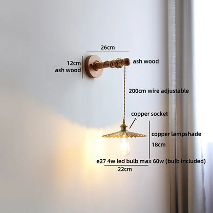 Madeleine Vintage Brass Wall Lamp with Ash Wood Base