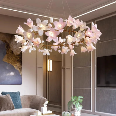 Éliane Französische rosa Keramik-Blumen-Ast-Pendelleuchte