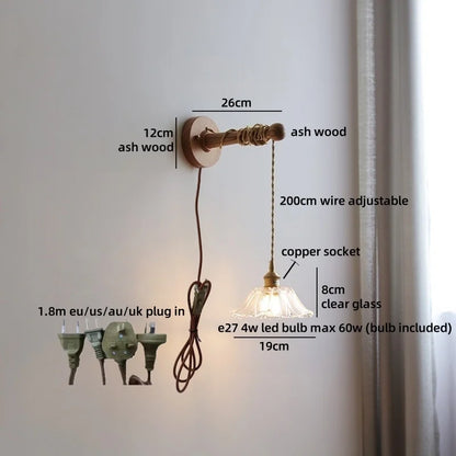 Madeleine Vintage Brass Wall Lamp with Ash Wood Base